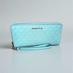 Michael Kors Jet Set Travel Large Continental Leather Wallet Ocean Blue (New)